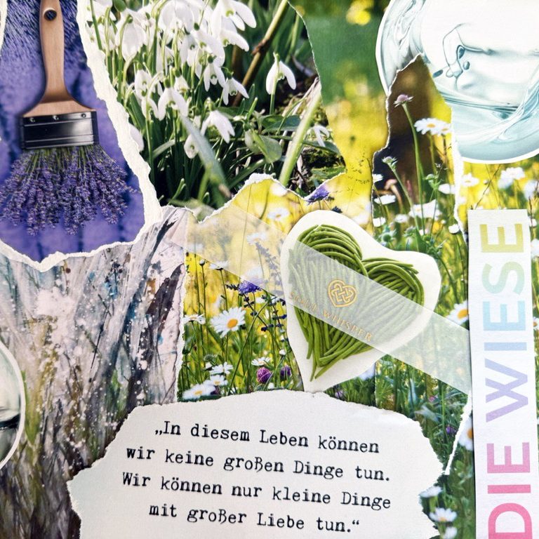 Eine Collage aus Blumen und Gräsern mit einem Herz und lila Pinsel