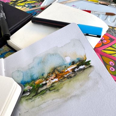 Bild mit abstrakter Landschaft in Aquarell auf grauem Blatt