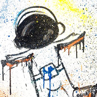 Action-Painting-Bild: Astrobahnfahrer und Farbspritzer.